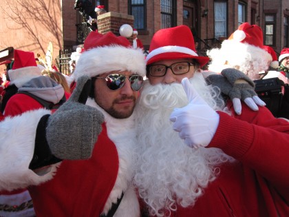 Santacon 2009 Brooklyn Bugle Groinstrong.com 's Jonah Eller-Isaacs and Brooklyn Bugle publisher Homer Fink at Santacon 2009